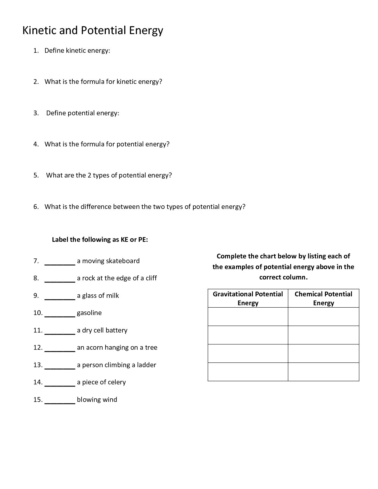 Free Printable Worksheets On Potential And Kinetic Energy Printable