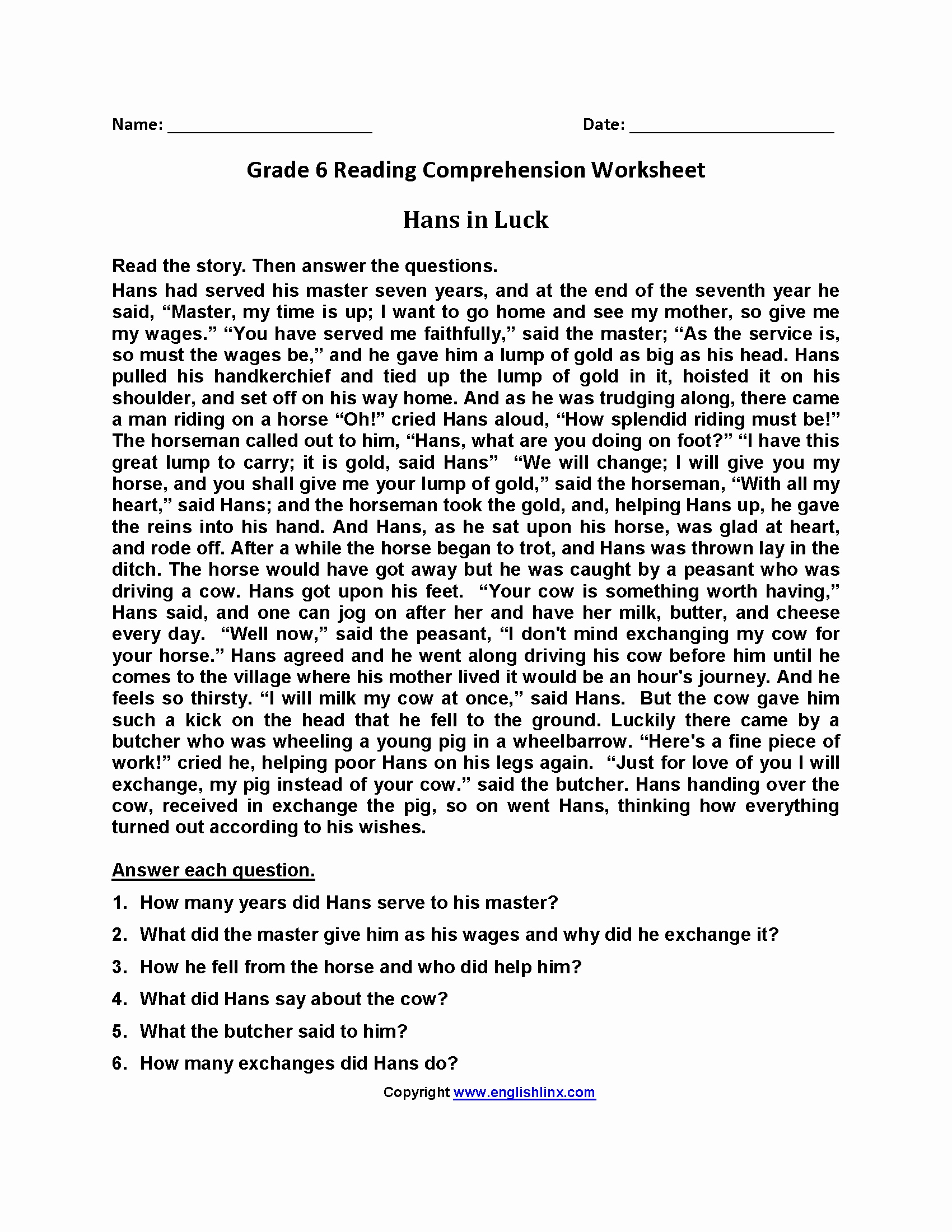 Free Printable 6Th Grade Reading Worksheets Printable Worksheets