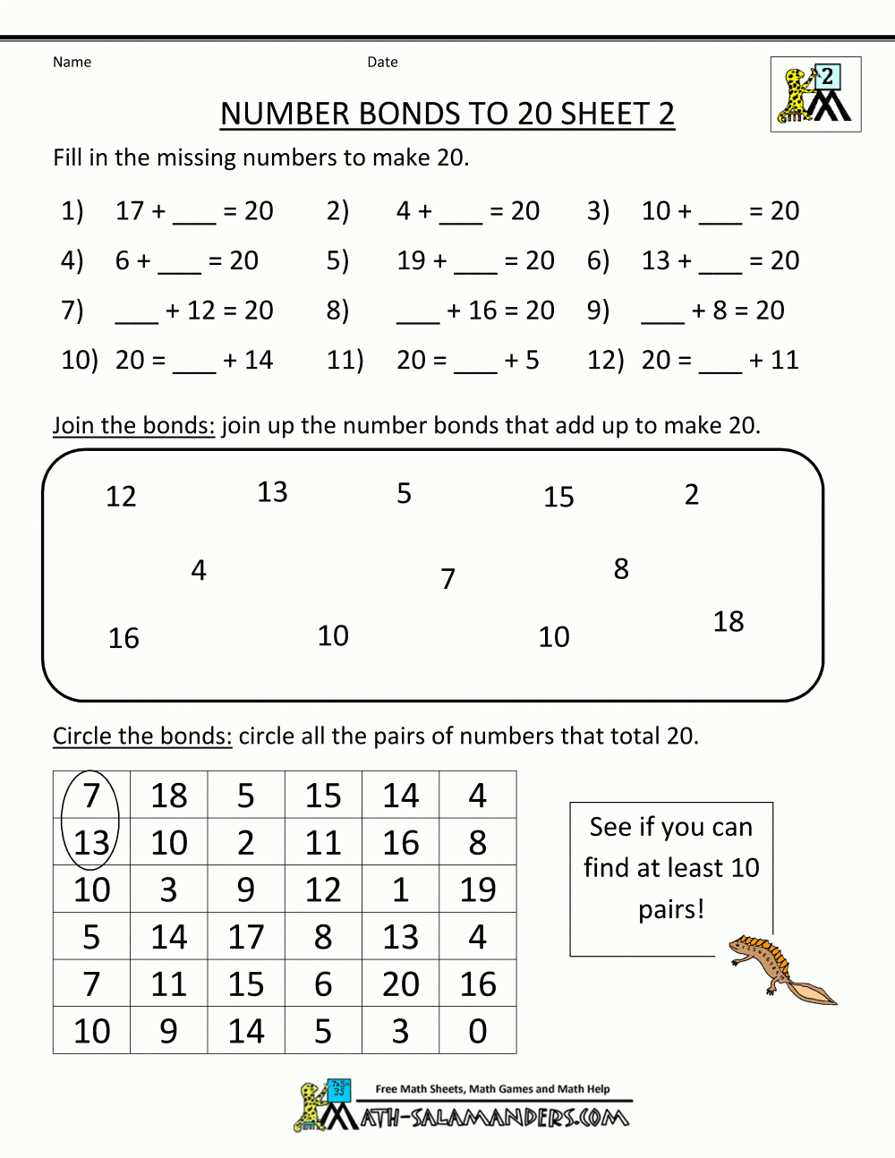 2Nd Grade Math Worksheets Number Bonds To 20 2 | Math Activities | Free Printable Number Bonds Worksheets For Kindergarten