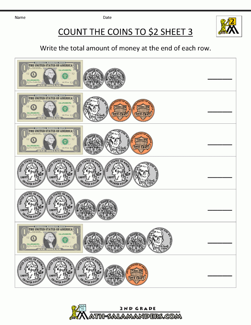 2Nd Grade Money Worksheets Up To $2 | Learning Money Worksheets Printable