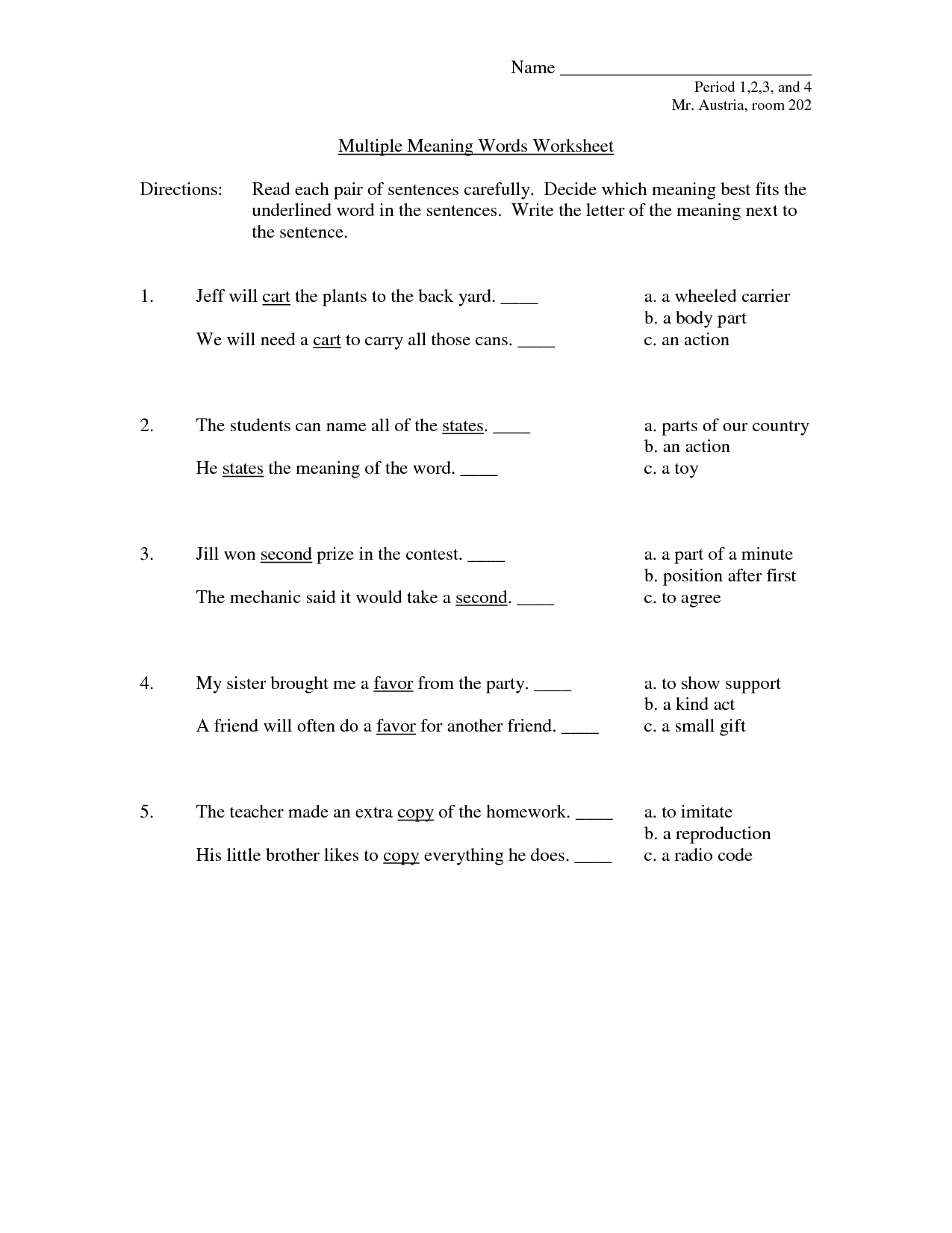 Free Printable Multiple Meaning Words Worksheets Printable Worksheets