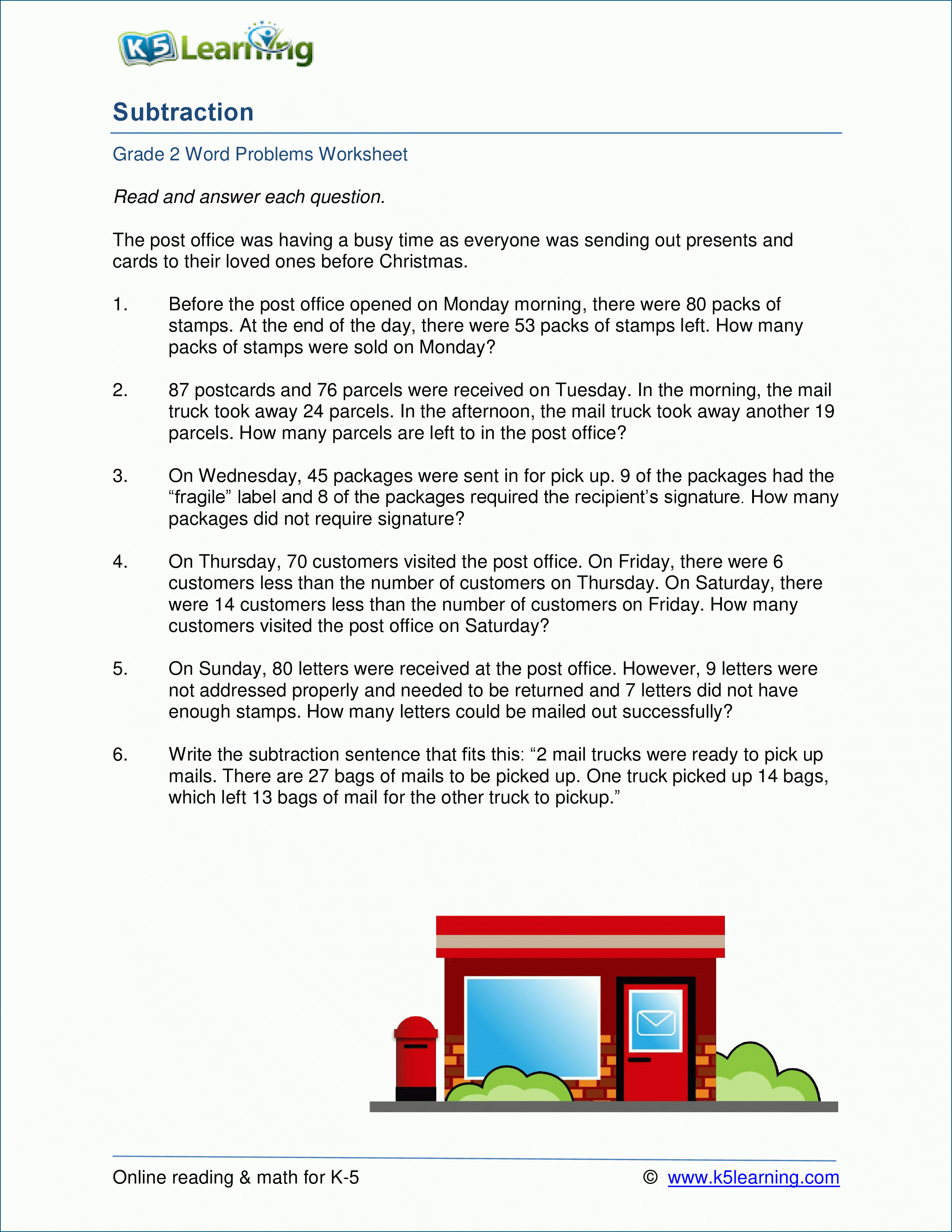 2Nd Grade Subtraction Word Problem Worksheets | K5 Learning | K5 Learning Printable Worksheets