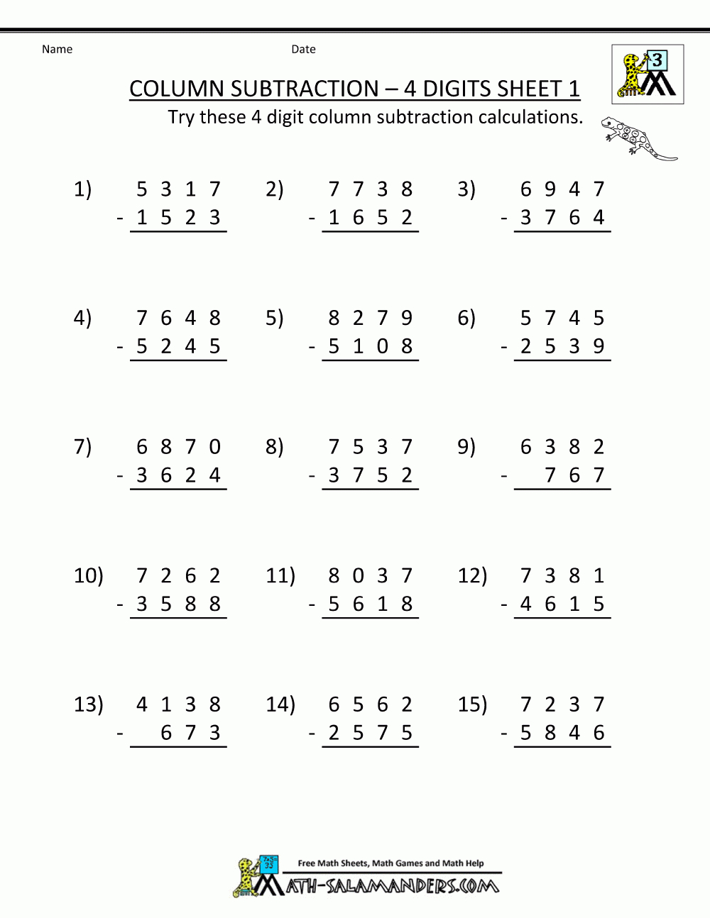 4 Digit Subtraction Worksheets | 3Rd Grade Math Subtraction Printable Worksheets