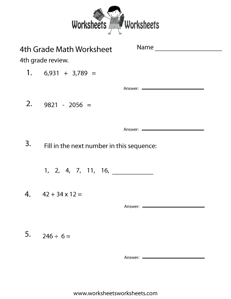 4Th Grade Math Review Worksheet - Free Printable Educational | Free Printable Worksheets For 4Th Grade