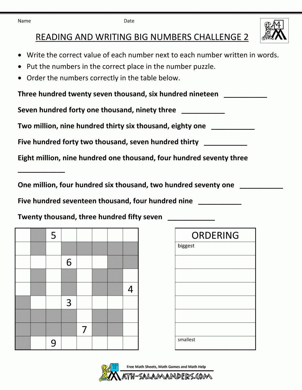 4Th Grade Math Worksheets: Reading, Writing And Rounding Big Numbers | 4Th Grade Printable Worksheets On Math