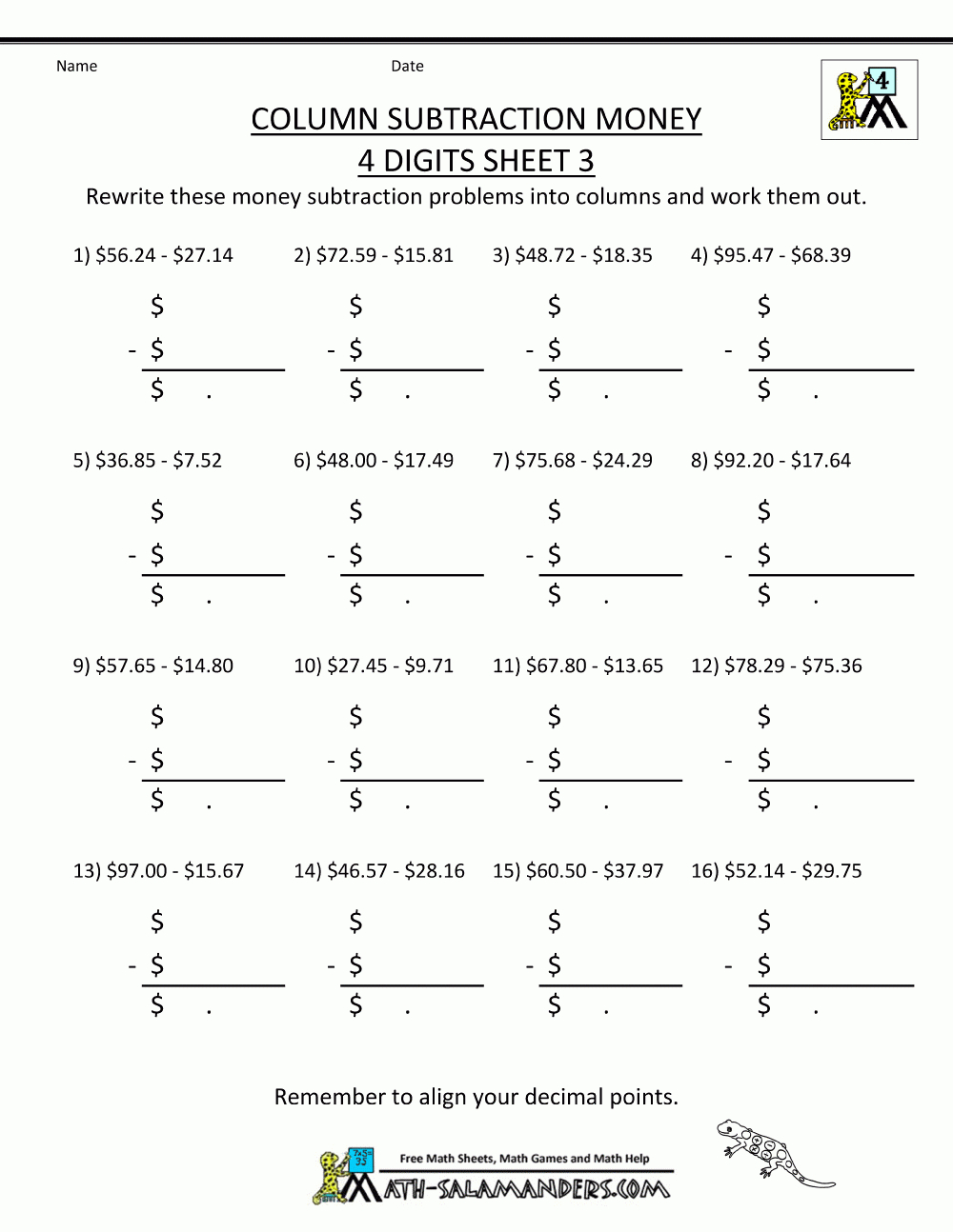 4Th Grade Subtraction Worksheets | Printable Subtraction Worksheets 4Th Grade