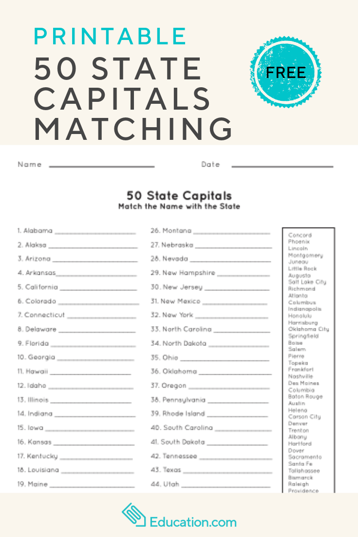 50 State Capitals | Social Studies | English Worksheets For Kids | Free Printable States And Capitals Worksheets