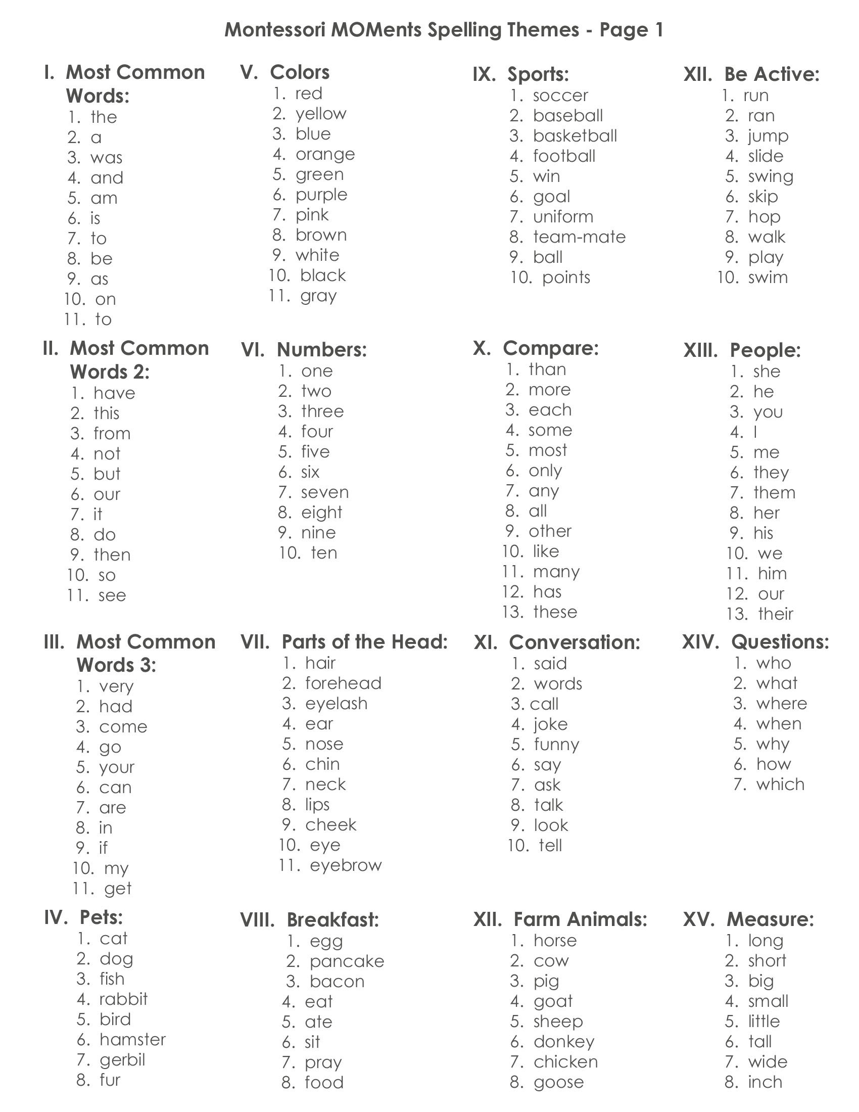 Kindergarten Spelling Words List Printables