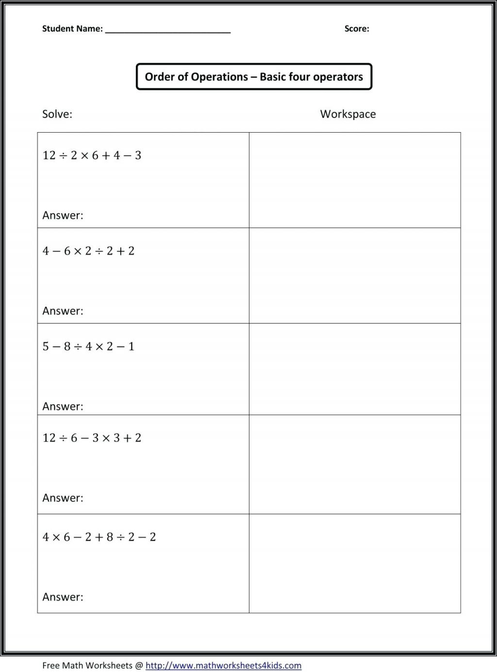 Pemdas Worksheets Order Of Operations 3 Math 1 Math Printable Pemdas Worksheets