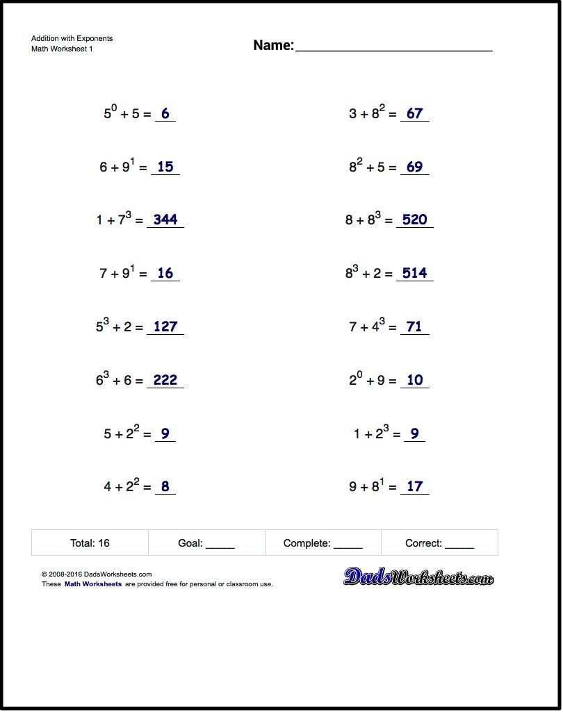 Adding Exponents Worksheets, Including Simple Problems Where - Free | Free Printable Math Worksheets 6Th Grade Order Operations