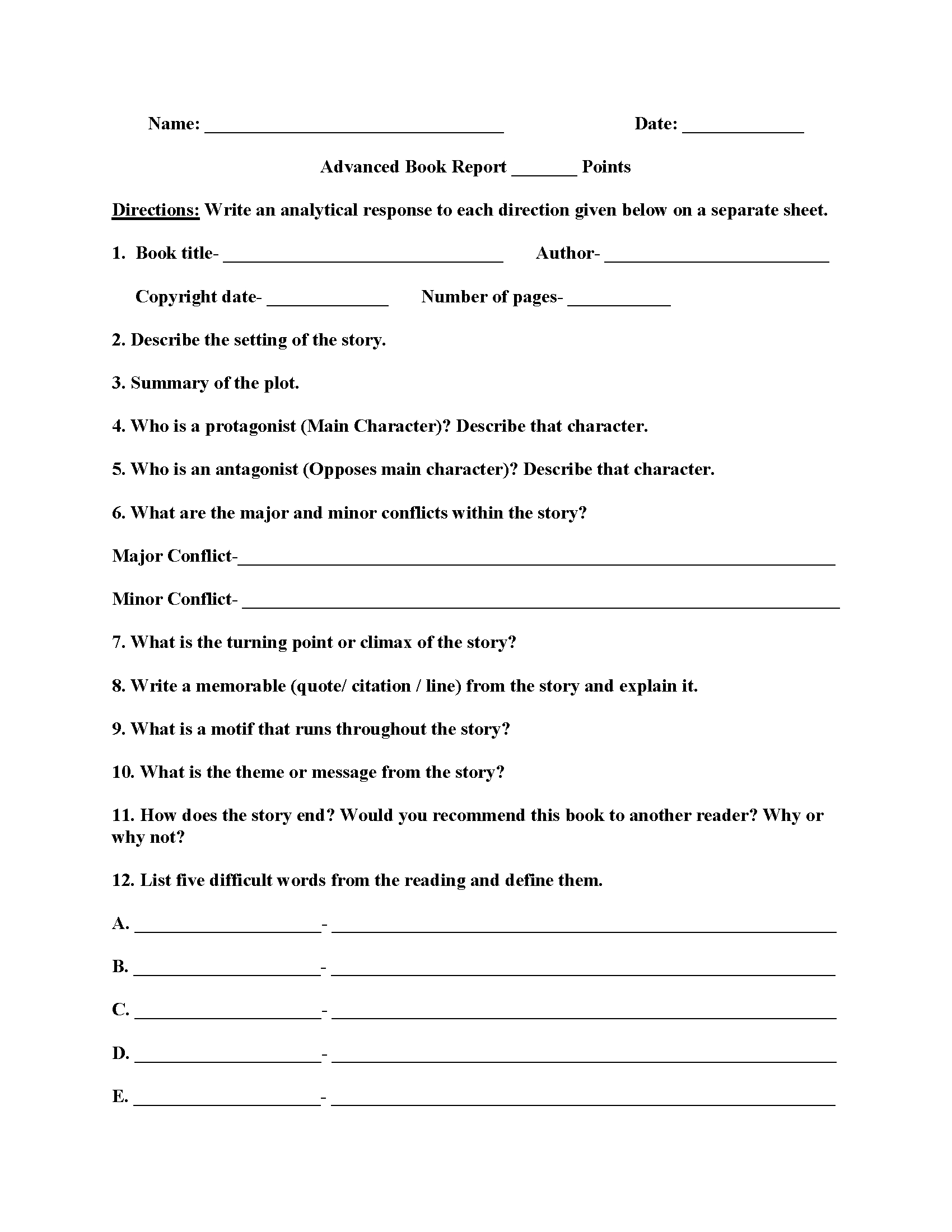 Advanced Book Report Worksheets | English | Book Report Templates | Printable Book Report Worksheets