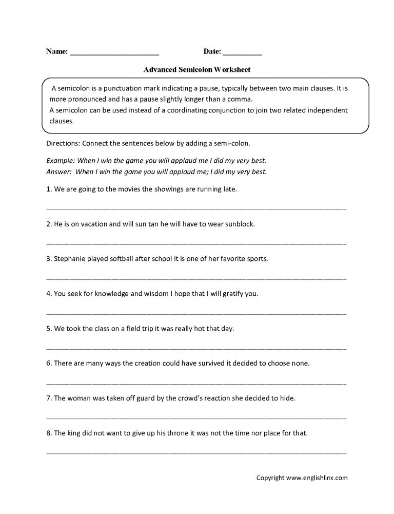 Advanced Semicolon Worksheets | Great English Tools | Punctuation ...