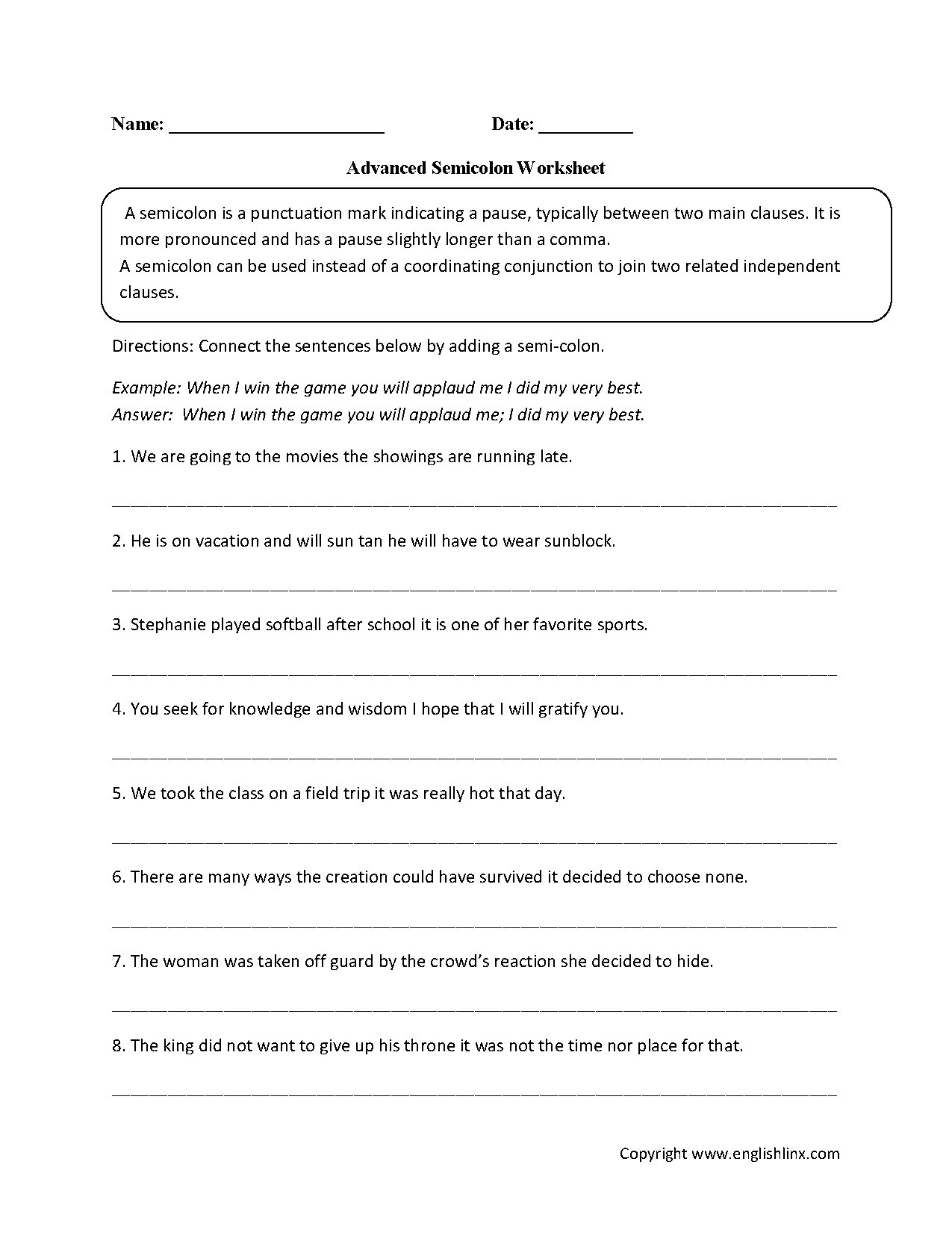 Advanced Semicolon Worksheets | Great English Tools | Punctuation | Free Printable Punctuation Worksheets For Middle School