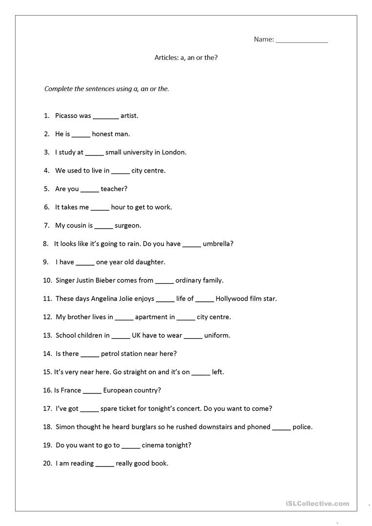 Articles Worksheet (A, An, The) Includes Answers. Worksheet - Free | Free Printable Worksheets On Articles For Grade 1