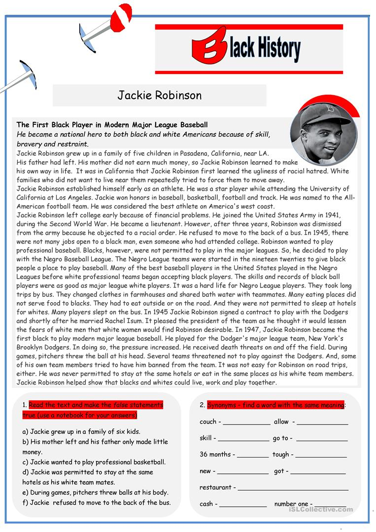 Black History: Jackie Robinson (2 Pages) Worksheet - Free Esl | Free Printable Worksheets On Jackie Robinson