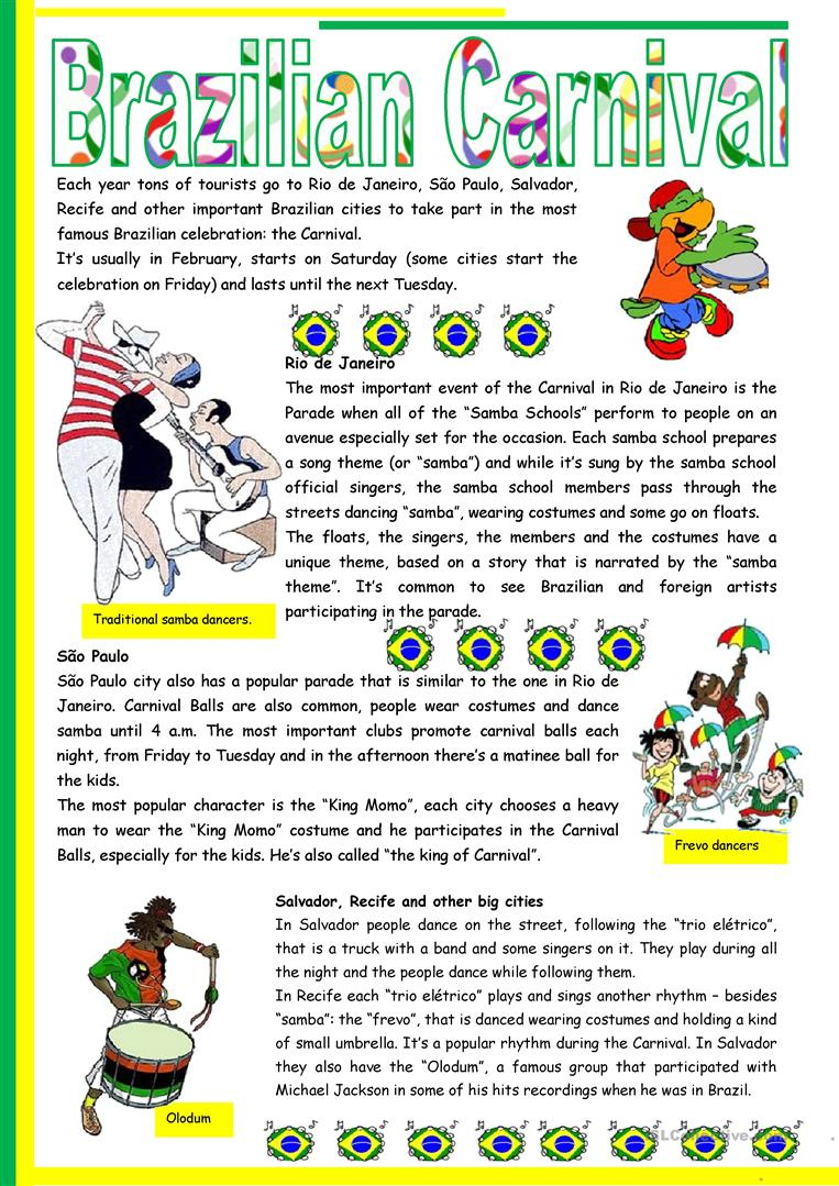 Brazilian Carnival – Text, Pictures, Comprehension, Links To Videos | Brazil Worksheets Free Printables