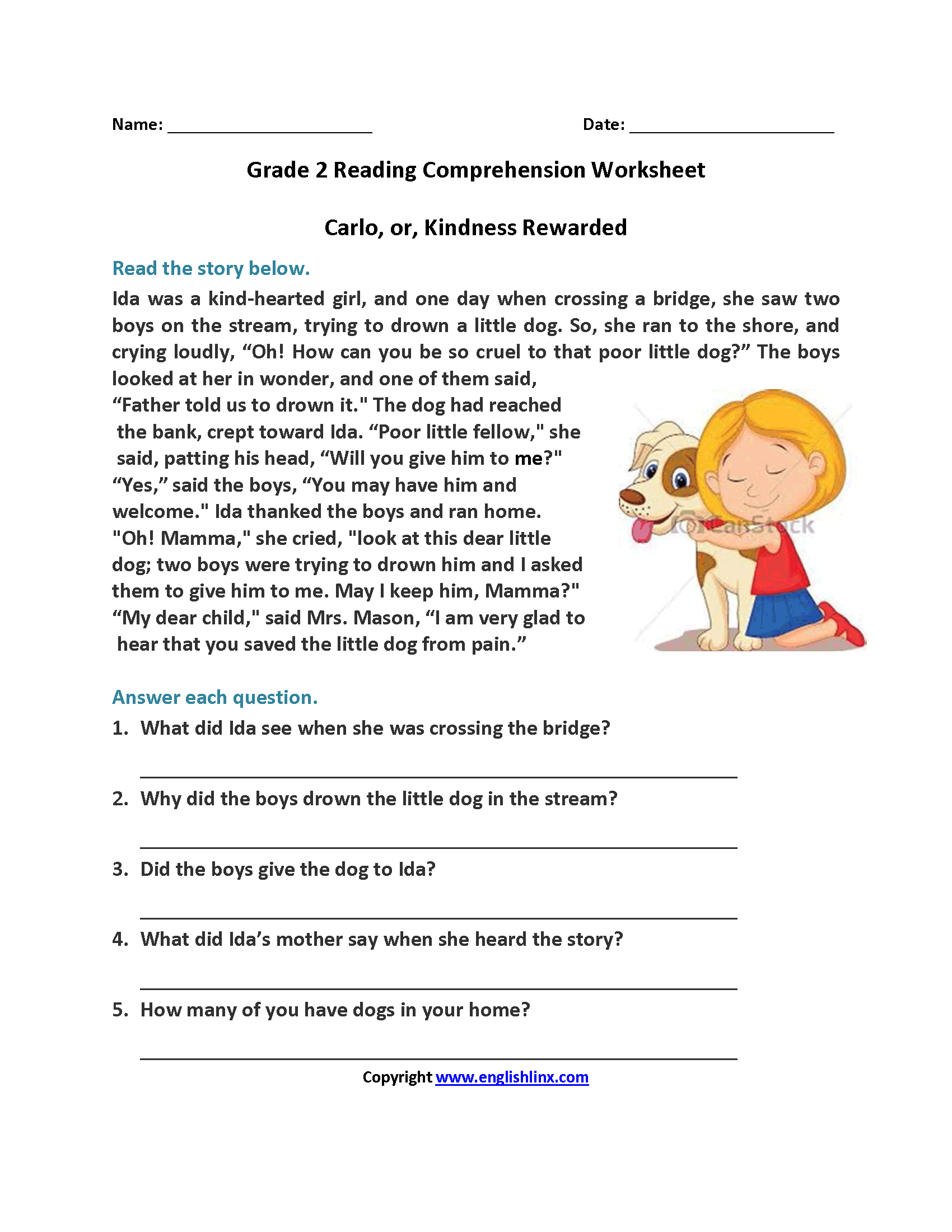 Carlo Or Kindness Rewarded Second Grade Reading Worksheets | Reading | Free Printable Worksheets Reading Comprehension 5Th Grade