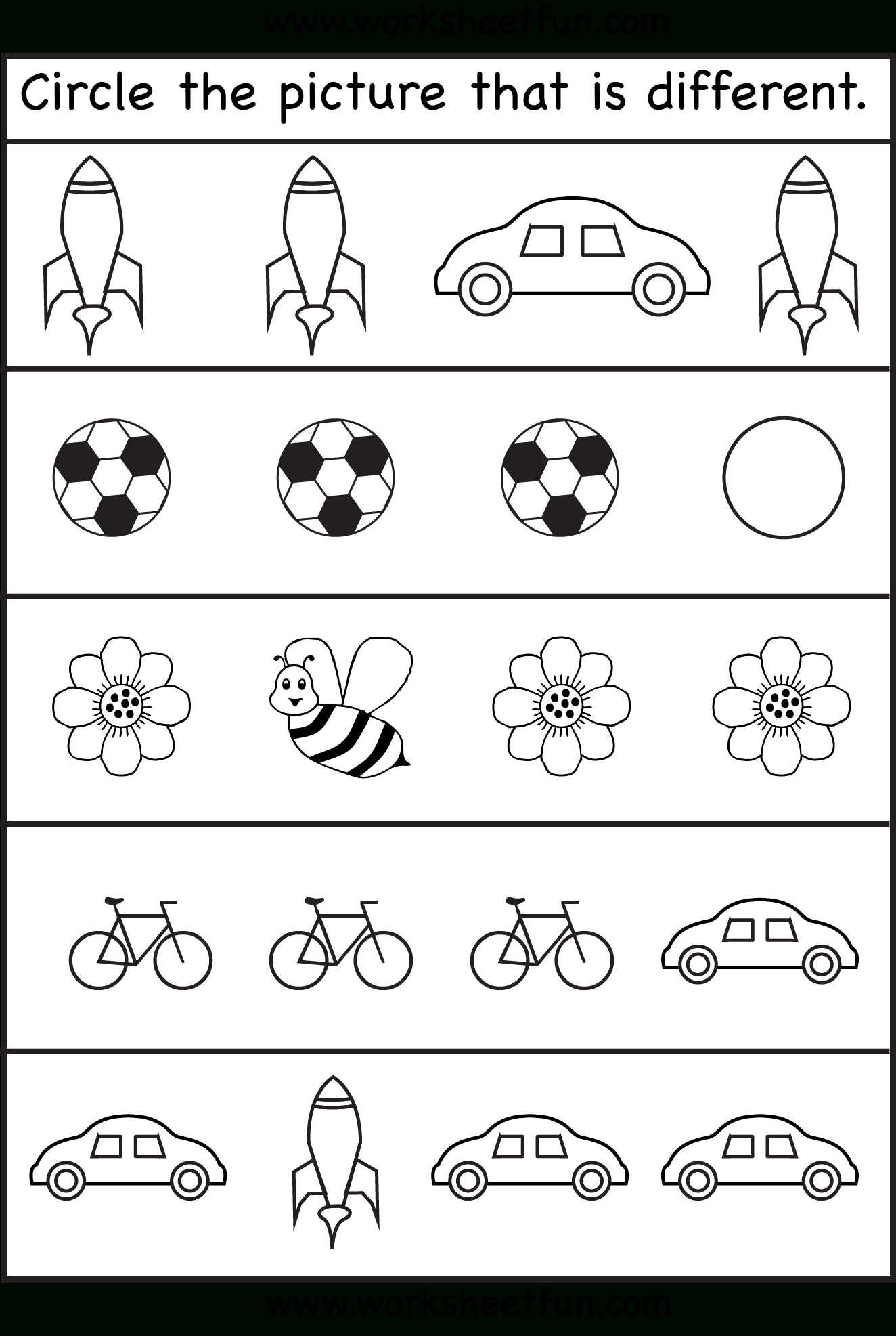 Circle The Picture That Is Different - 4 Worksheets | Preschool Work | Free Printable Toddler Learning Worksheets