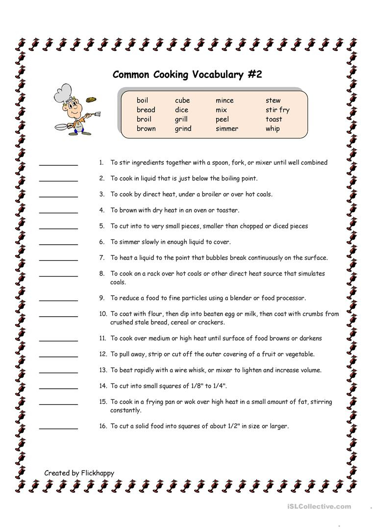 Common Cooking Vocabulary #2 Worksheet - Free Esl Printable | Free Printable Cooking Worksheets