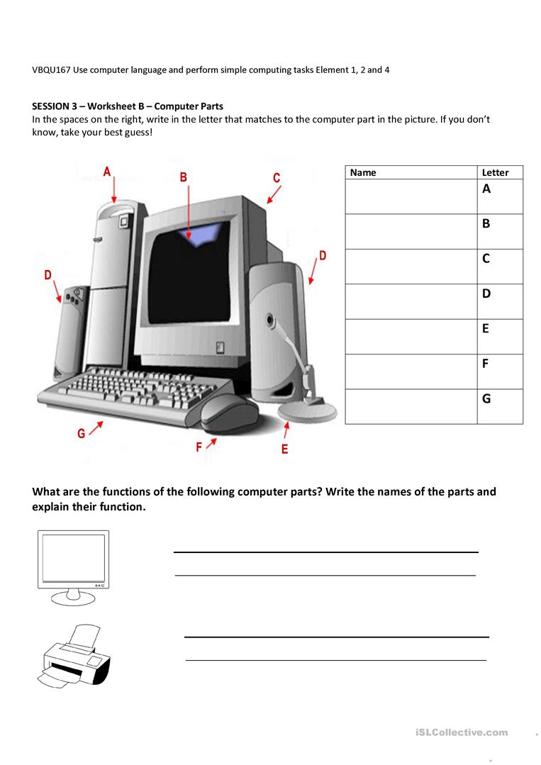 Parts Of A Computer Worksheet