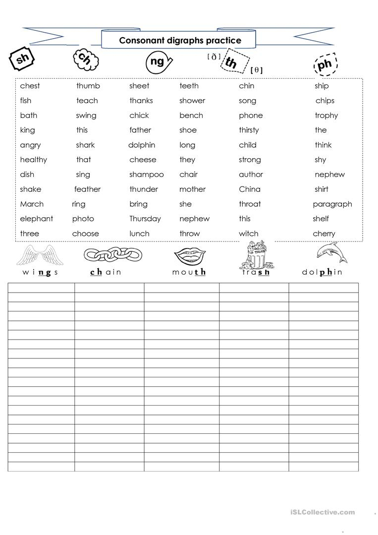 Consonant Digraphs Sh / Ch / Ph / Ng / Th Worksheet - Free Esl | Digraphs Worksheets Free Printables