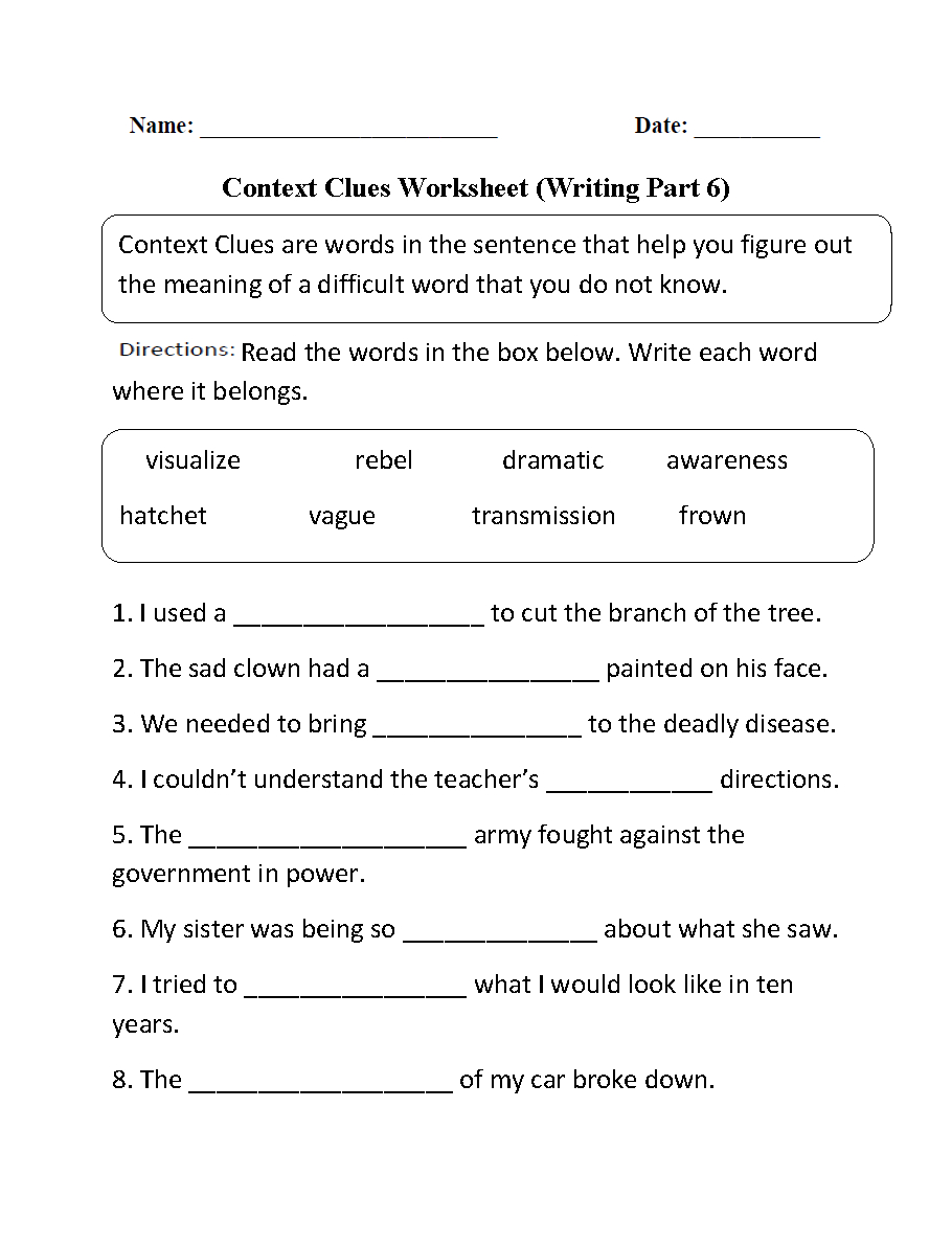 Context Clues Printable Worksheets 6Th Grade Printable Worksheets