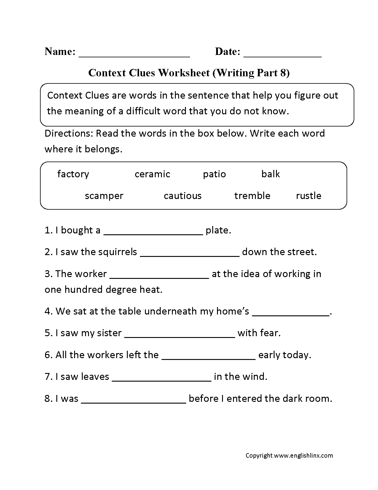 Context Clues Worksheet Writing Part 8 Intermediate | Reading Games | Context Clues Printable Worksheets 6Th Grade