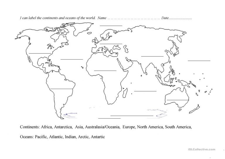 Continents And Oceans Blank Map Worksheet - Free Esl Printable ...
