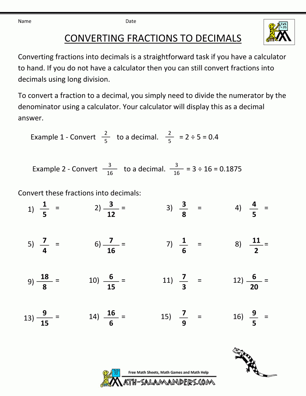 Convert Fractions To Decimal | Fractions To Decimal Worksheets Printable