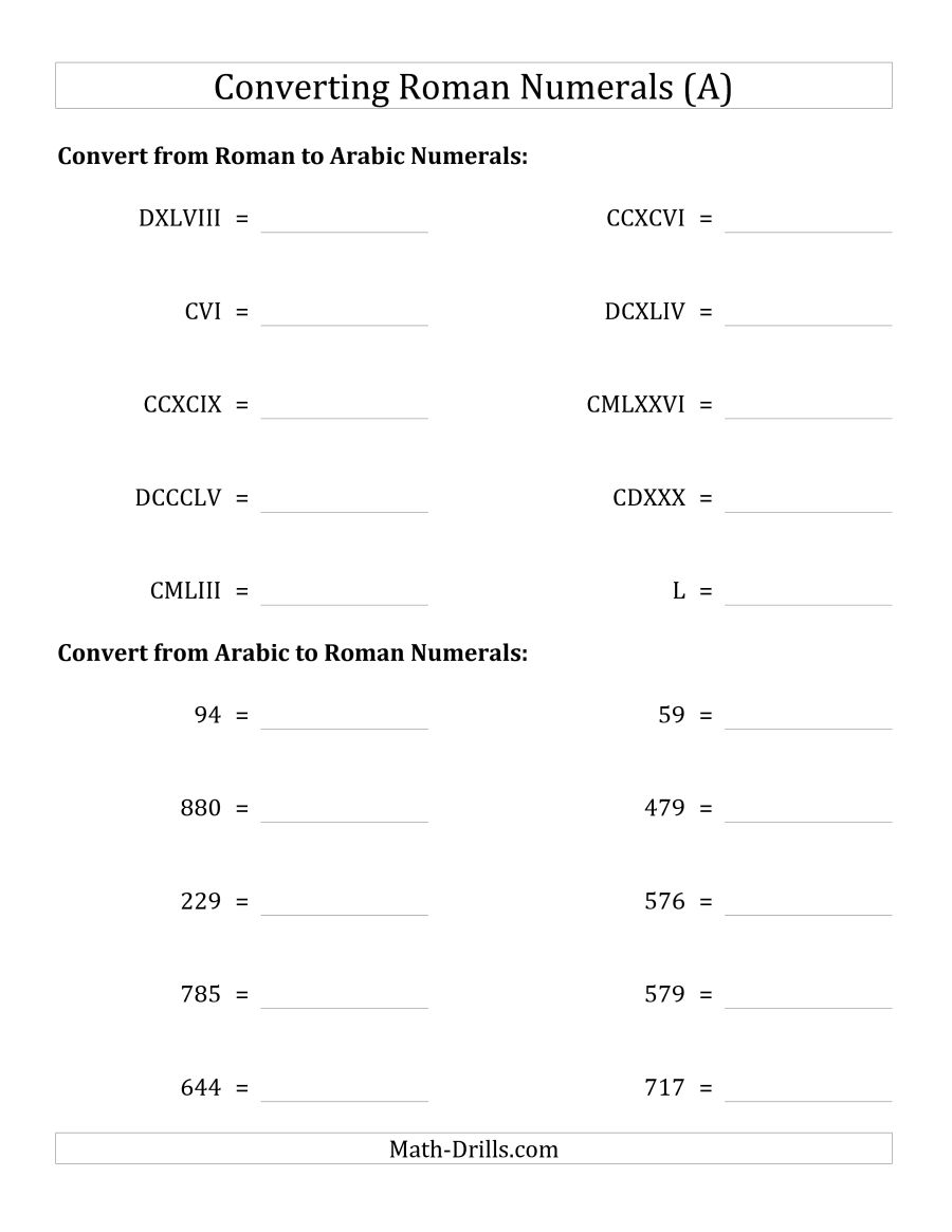 Converting Roman Numerals Up To M To Standard Numbers A Printable Roman Numerals Worksheets 