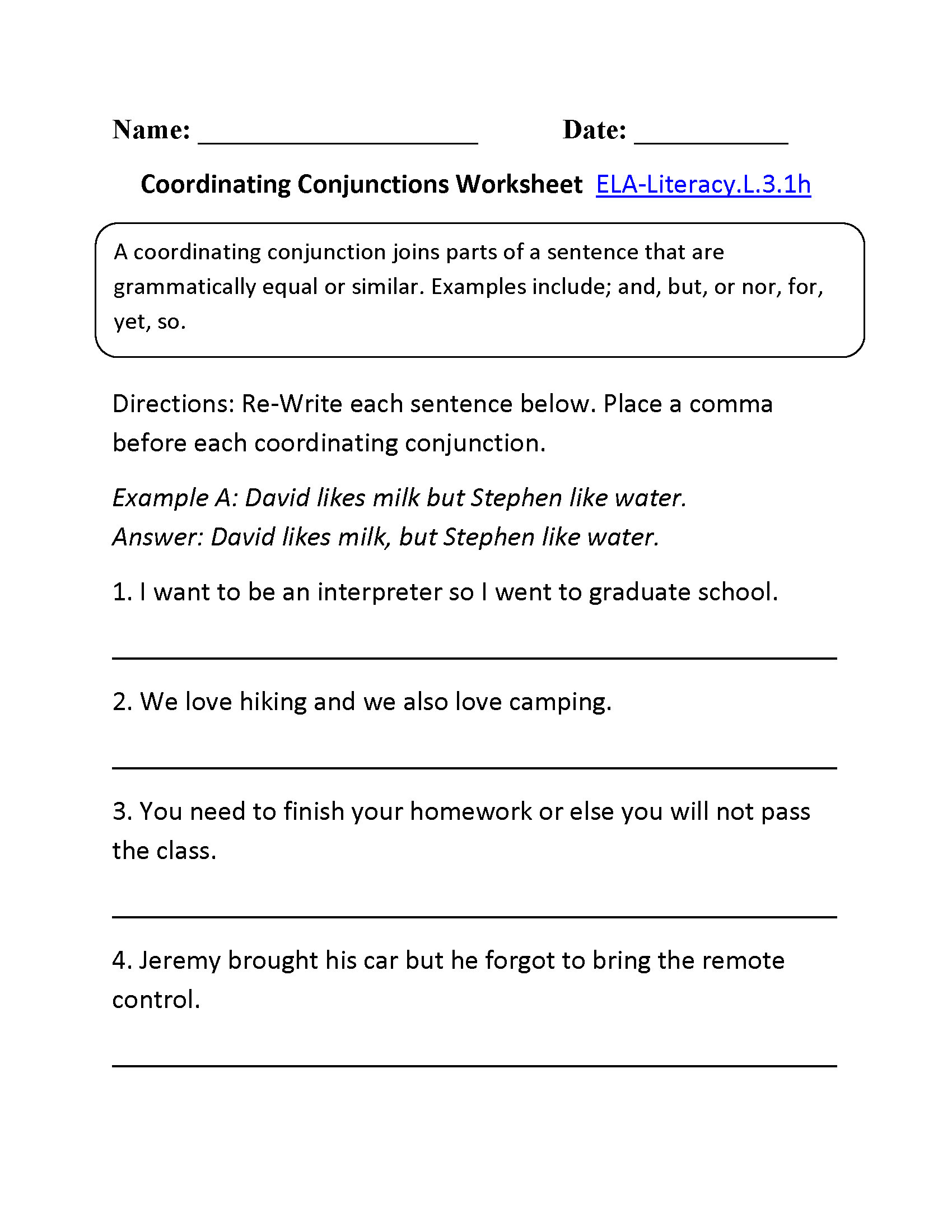 Coordinating Conjunctions Worksheet 1 (L.3.1) | L.3.1 | English | 3Rd Grade English Worksheets Printable