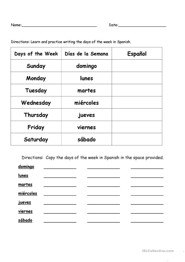Days Of The Week In Spanish Worksheet - Free Esl Printable | Printable Spanish Worksheets