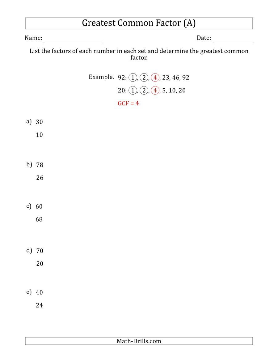 Determining Greatest Common Factors Of Sets Of Two Numbers From 4 To | Free Printable Greatest Common Factor Worksheets