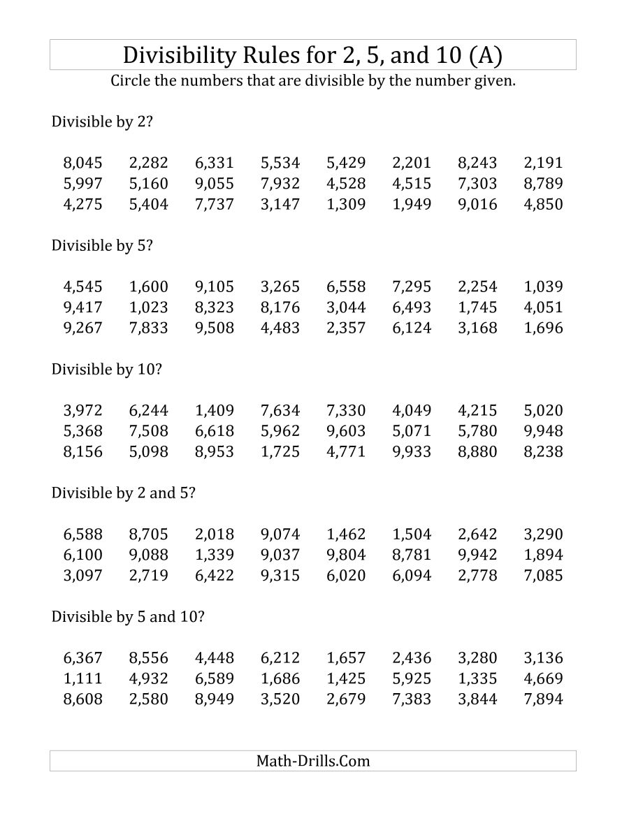 Divisibility Rules For 2, 5 And 10 (4 Digit Numbers) (A) | Divisibility Rules Worksheet Printable