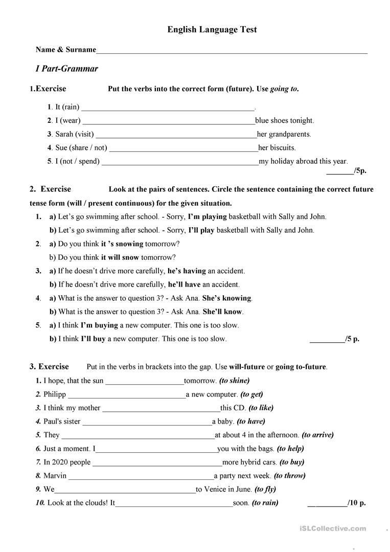 English Test For Elementary Worksheet - Free Esl Printable | English Test Printable Worksheets