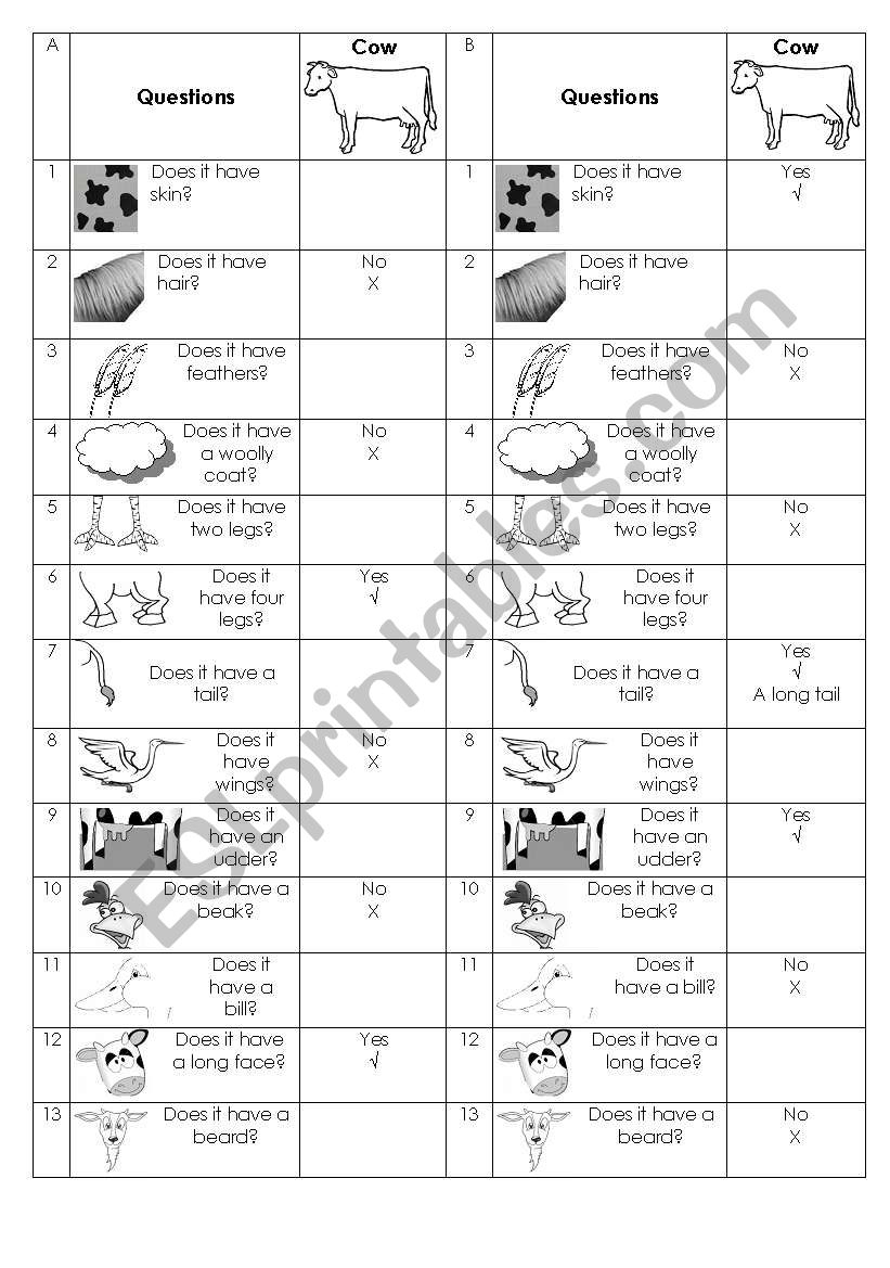 English Worksheets: Farm Animal Barrier Game | Printable Barrier Games Worksheets