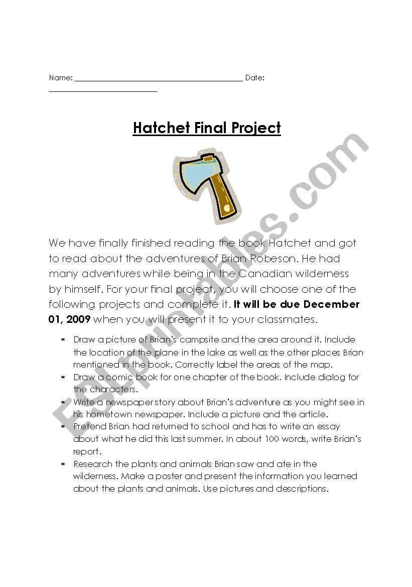 English Worksheets: Hatchet Final Project | Hatchet Worksheets Printable