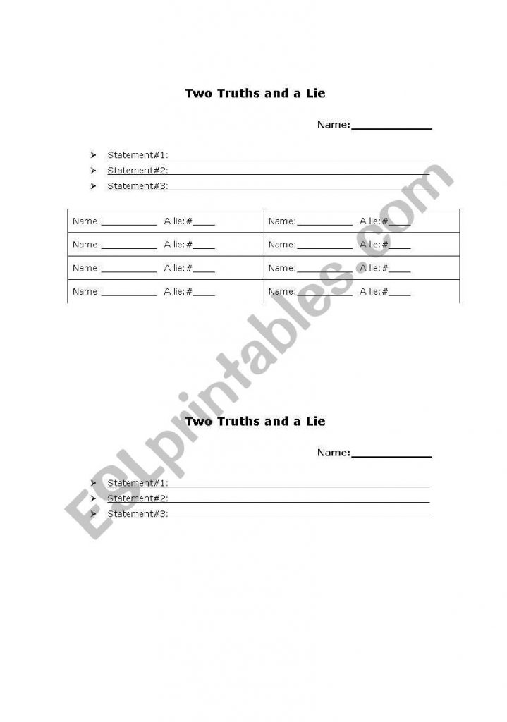 English Worksheets Two Truths And A Lie Two Truths And A Lie Worksheet Printable Printable