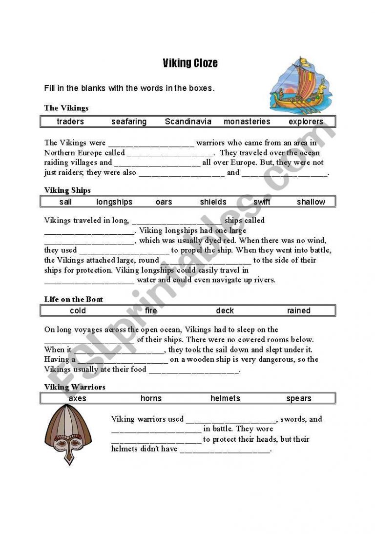 English Worksheets: Viking Cloze | Viking Worksheets Printable