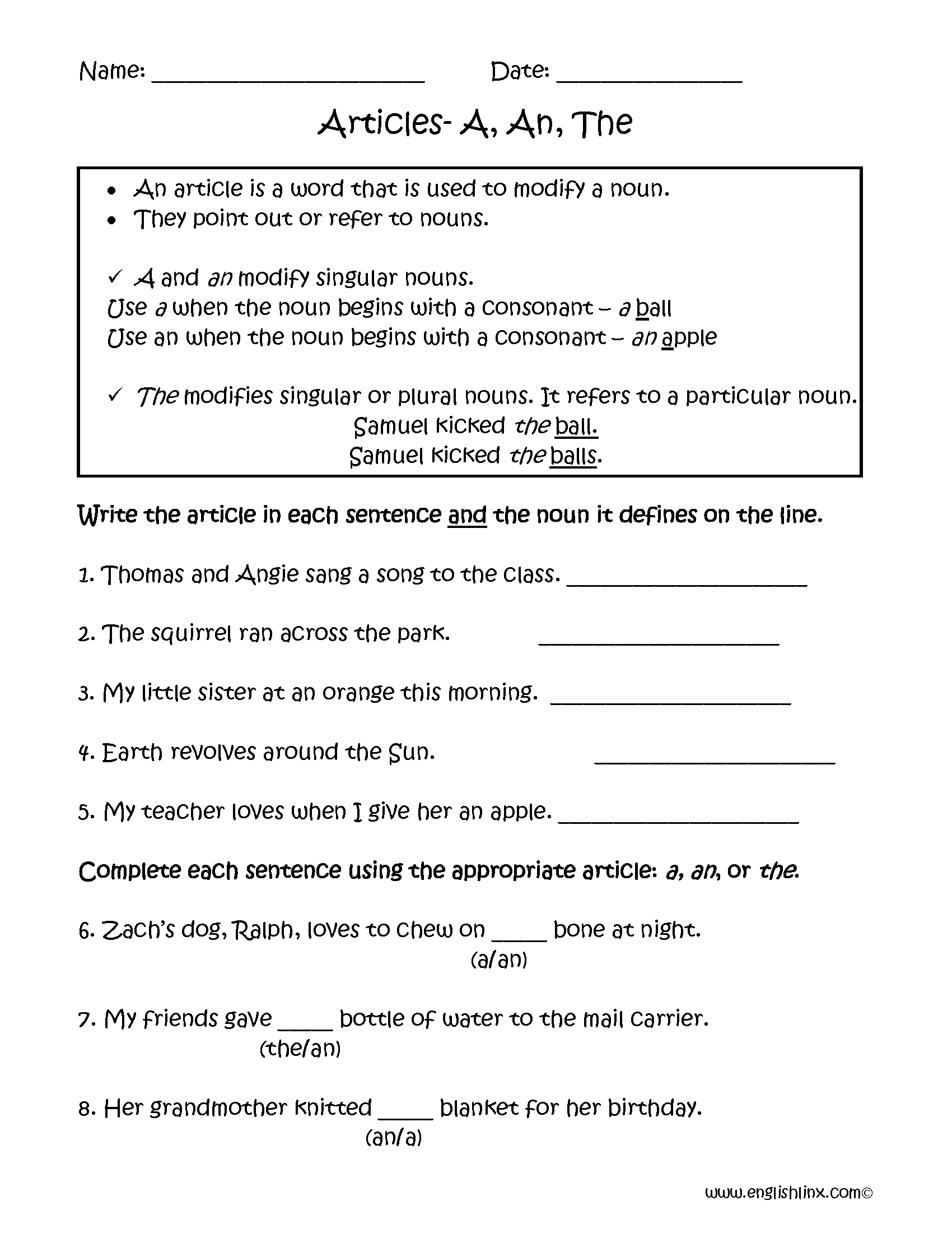 Articles Worksheets