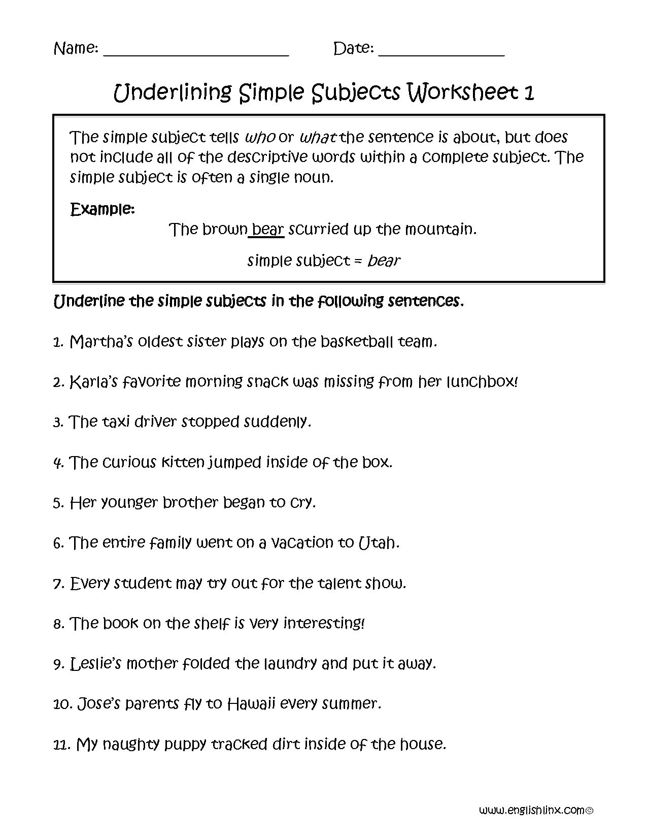 Free Printable Subject Predicate Worksheets 2Nd Grade Printable