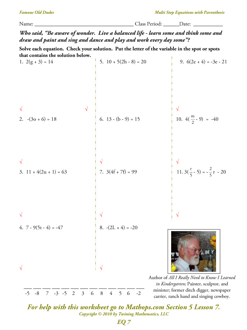 Eq07: Multi Step Equations With Parenthesis - Combining Like Terms | Combining Like Terms Printable Worksheets