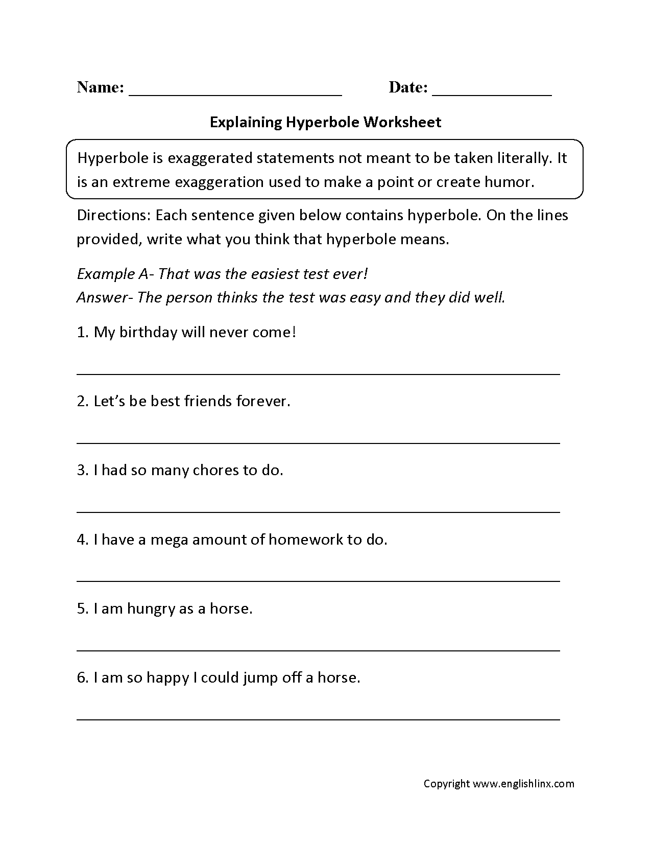 Figurative Language Worksheets | Hyperbole Worksheets | Printable Worksheets For 6Th Grade Language Arts