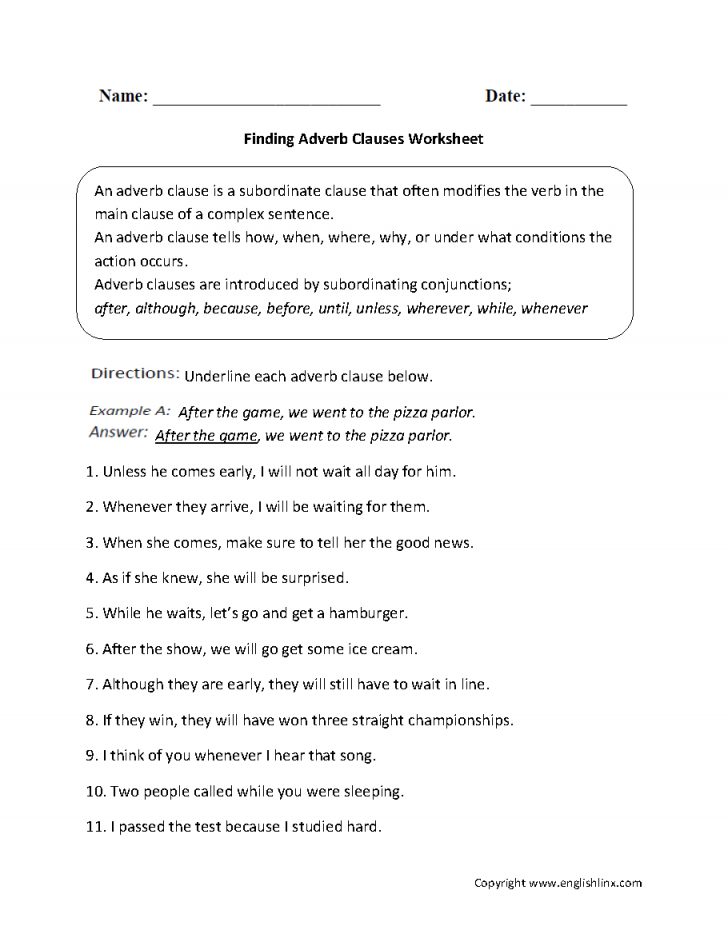 Finding Adverb Clauses Worksheet | Englishlinx Board | Adverbs | Year ...