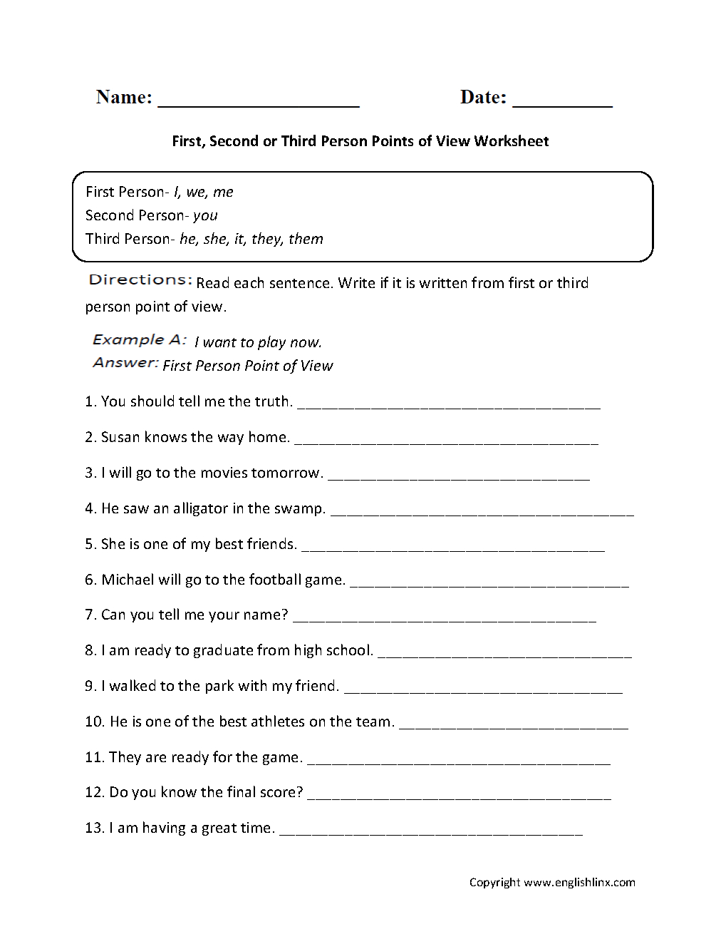 First, Second Or Third Person Points Of View Worksheet | Great | Printable Worksheets For 6Th Grade Language Arts