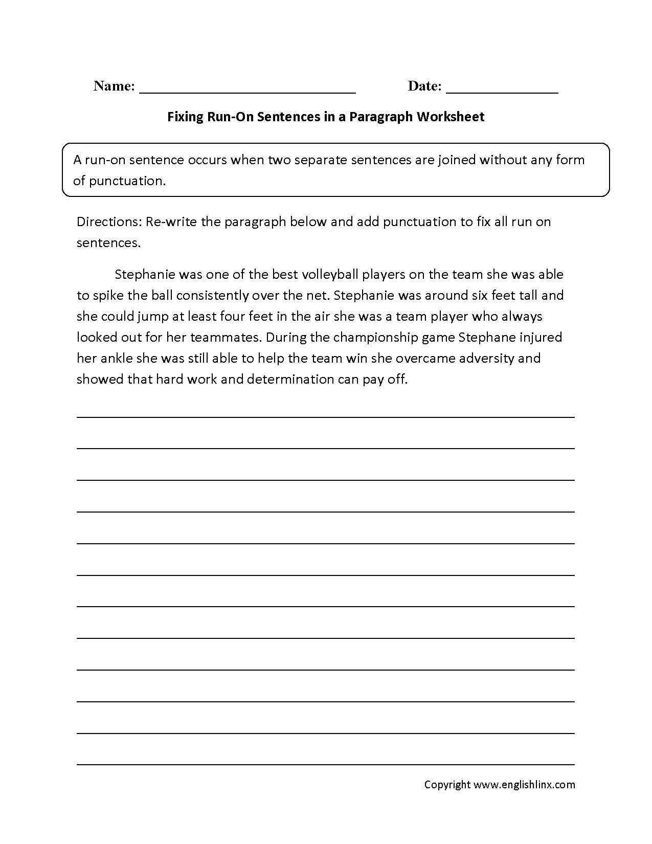 Fixing Paragraphs With Run On Sentences Worksheets | Englishlinx | Proofreading Worksheets Middle School Printable