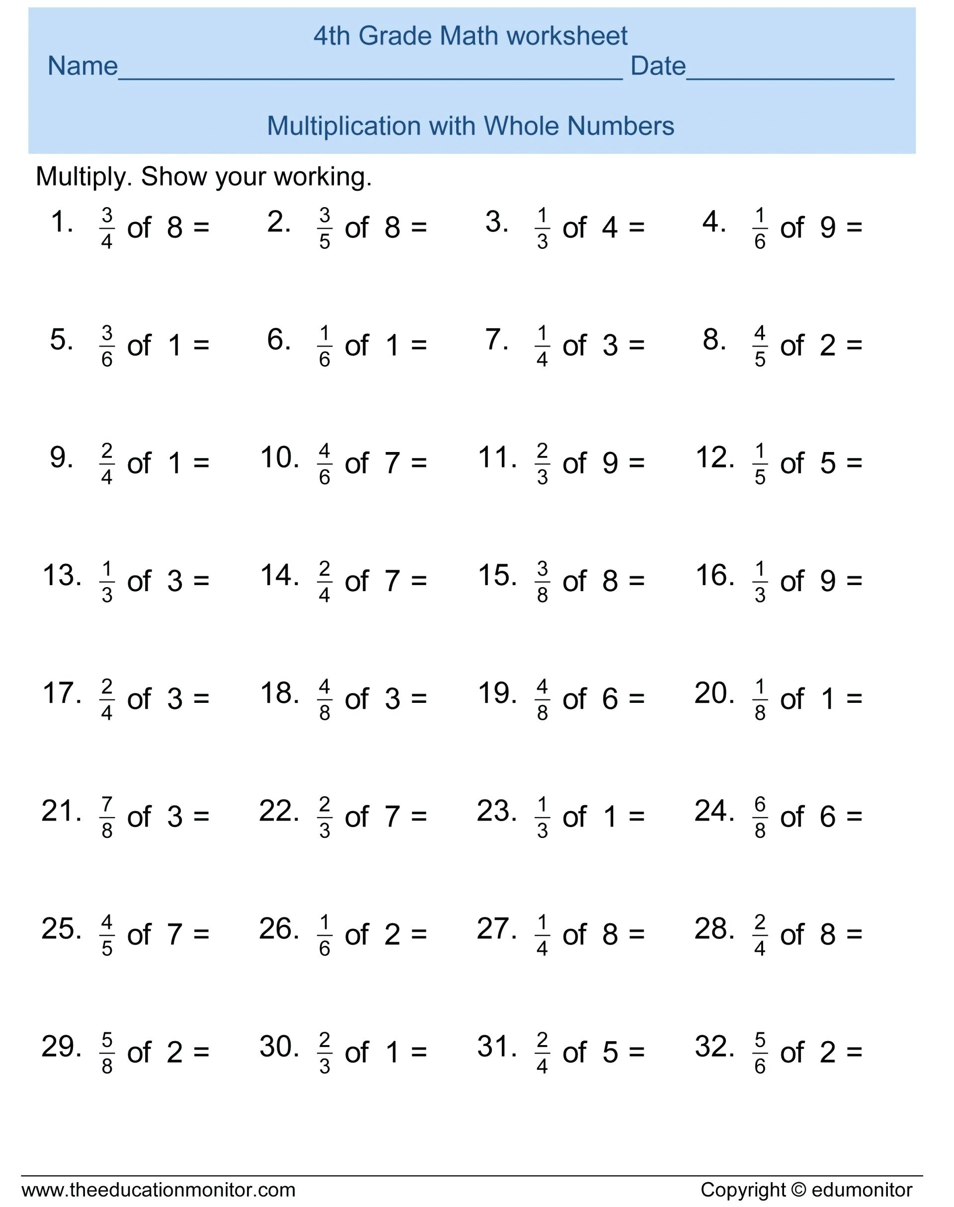 Fourth Grade Math Printable Worksheets