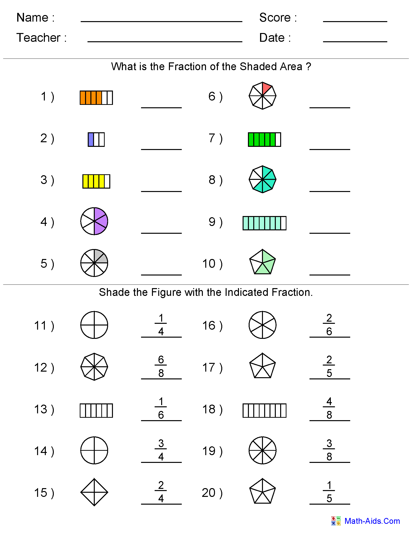Fractions Worksheets | Printable Fractions Worksheets For Teachers | Math Worksheets For Teachers Printable