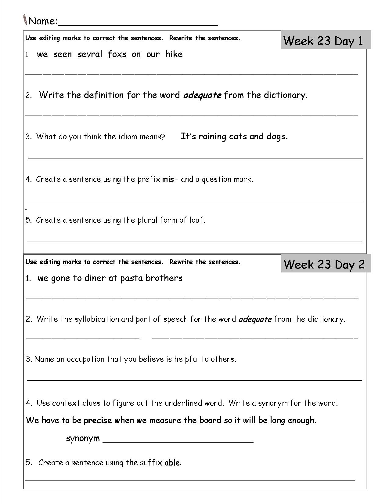 Language Arts For 3rd Grade Worksheets