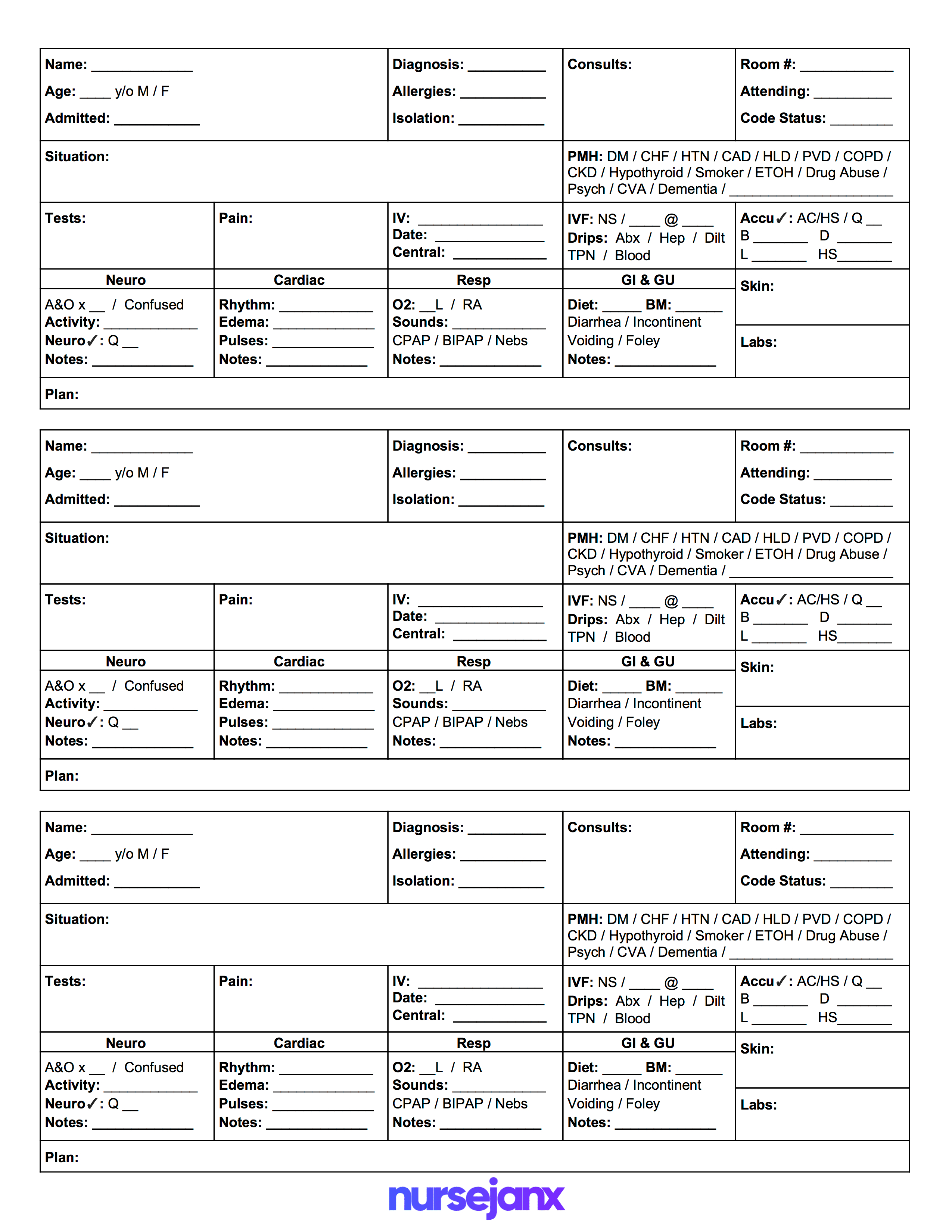 Printable Nurse Brain Sheet 5 Patients